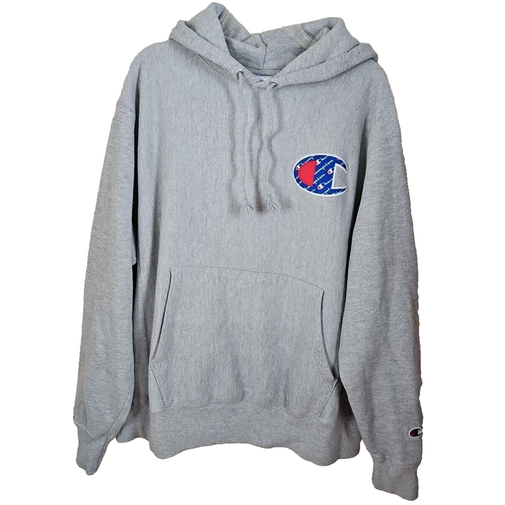 Champion Reverse Weave Hoodie mens size L gray Big C Patch Logo Pullover